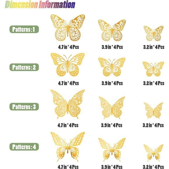 3D Butterfly Wall Decor 48 Pcs 4 Styles 3 Sizes, Gold Butterfly Decorations - Picture 6 of 6